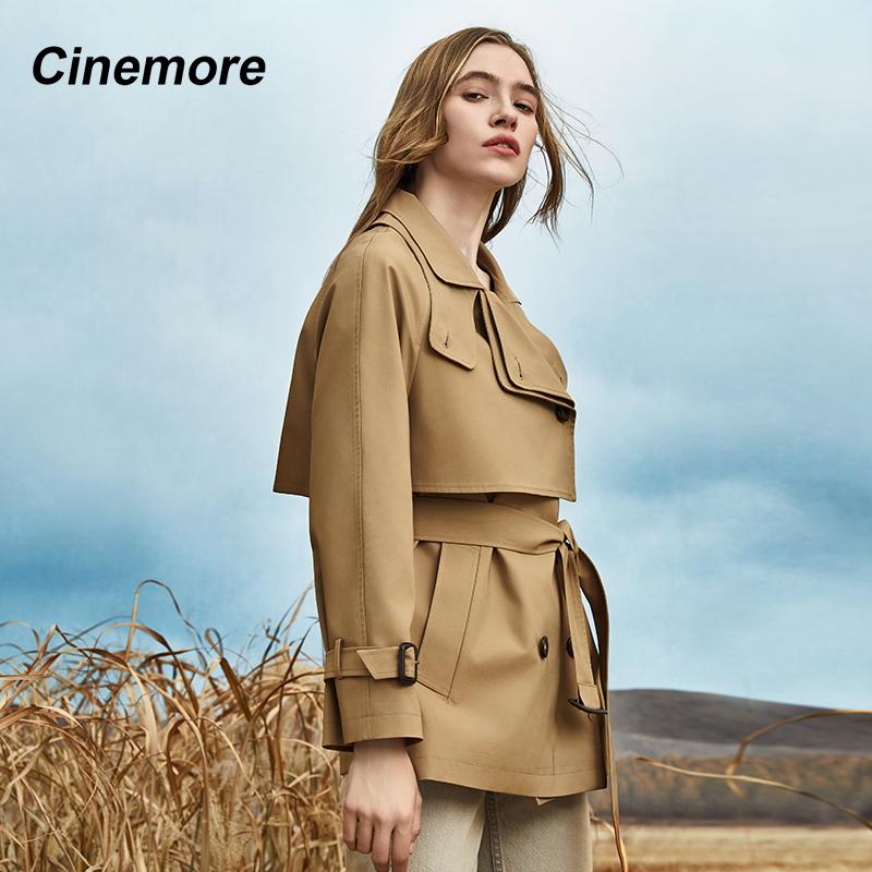 Cinemore Autumn Mid-Long Trench Coat for Women Casual Windbreaker Jacket Double Breasted Lapel Belted Windproof Chic Lady Coat