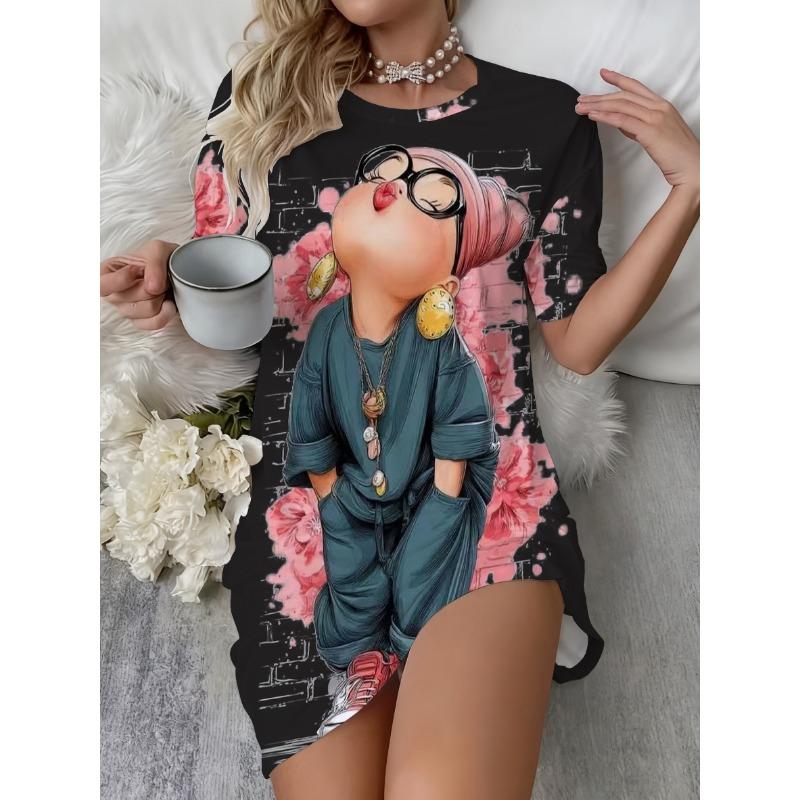 Plus Size Ladies Cute Kiss Girls Printed Round Neck Short Sleeve Nightgowns and Dresses