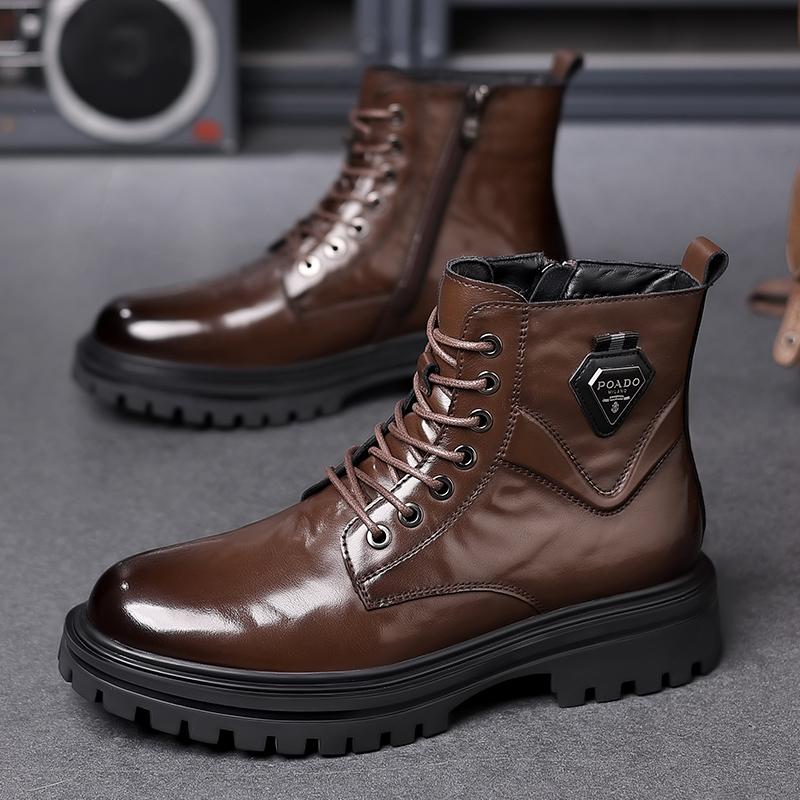 Teplé zimní boty z plyšové kožešiny Nové vysoké pánské motorkářské boty Měkká kůže Šněrovací pánské boty Zimní formální sněhule