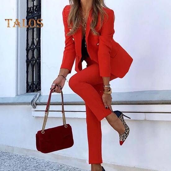 2 ks/sada Lady Formal Coat Kalhoty Set Dlouhé rukávy Knoflík Dekor Klopa Cardigan Bunda střední délky Rovná Vysoký pas Kalhoty Formální Business
