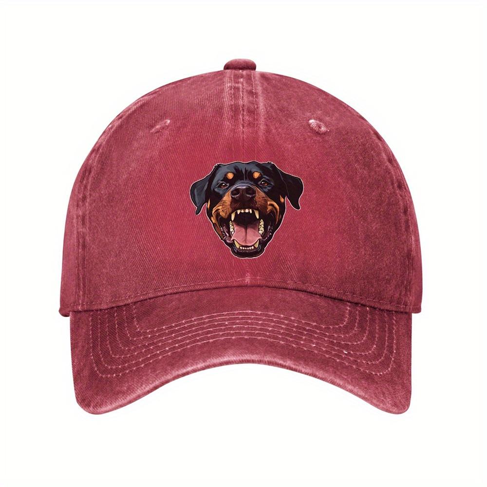 1pc Rottweiler Dog Head Baseball Cap - Fierce Open-Mouth Graphic, 100% Denim, Adjustable Vintage Washed