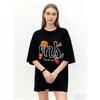 Oversized T-Shirt Black Fast Food Graphic Print With Mcdonalds Style Logo And Trend Upcast Text Casual Streetwear For Women