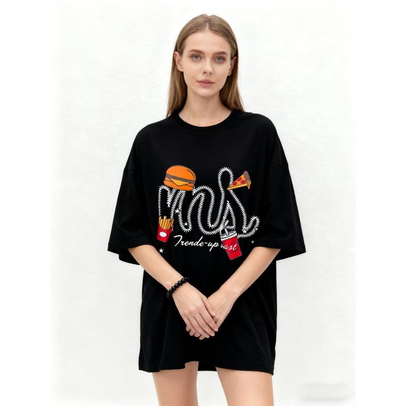 Oversized T-Shirt Black Fast Food Graphic Print With Mcdonalds Style Logo And Trend Upcast Text Casual Streetwear For Women