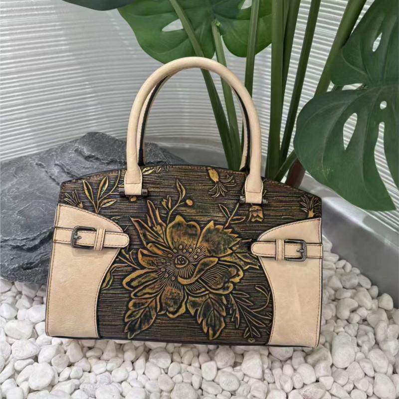 Johnature Luxury Handbag Vintage Handmade Embossed Women s Leather Bag Versatile Shoulder & Crossbody Bags бежевый