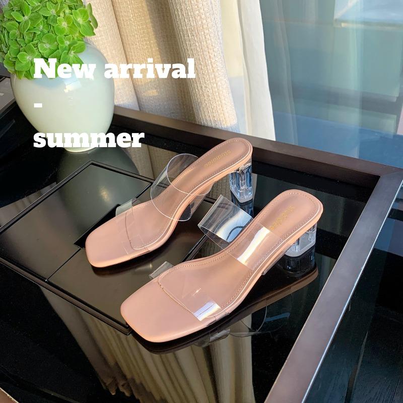 Sheepskin Slippers Transparent Word with Thick Heel High Heel Sandals Women's Summer Wear