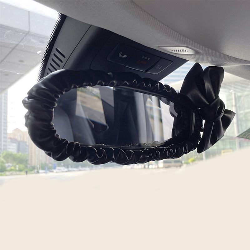 Fashion Pearl Bowknot Car Interior Rear View Mirror Cover Leather Auto Mirror Case Decoration Accessories For Women and