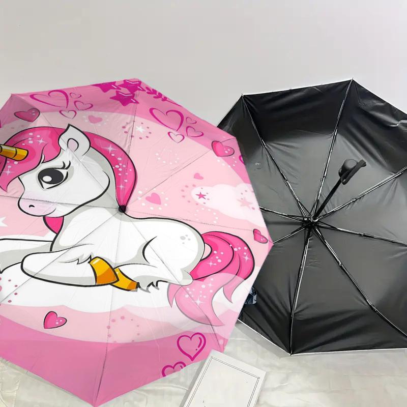 1 Stück Einhorn-Herzen-Regenschirm-8-Speichen-verstärkt-tragbar-faltbar-Reise-geeignet für alle Jahreszeiten-Außenbereich-Täglicher Gebrauch-G320
