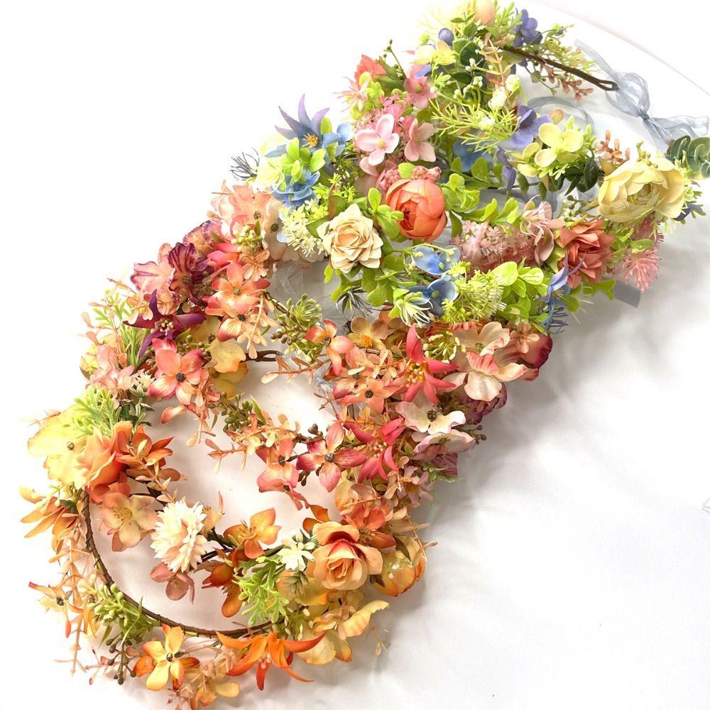 Colorful Artificial Flower Wreath Headband Realistic Spring Headpiece Bride Flower Crown  Holiday