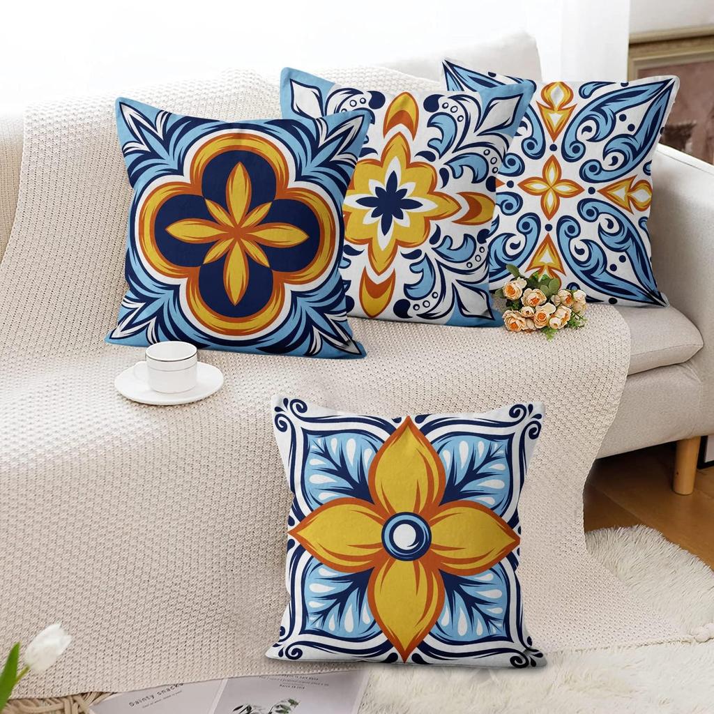 4Pcs Blue Orange Floral Tile Pattern Printed Pillow Cover Polyester Cushion Case 2D Flat Printing Pillowcase Retro Euro Style
