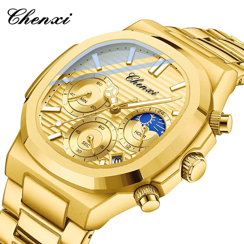 Original CHENXI Men Watches Gold Stainless Steel Waterproof Quartz Chronograph Date Luxury Watch For Men Relogio Masculino