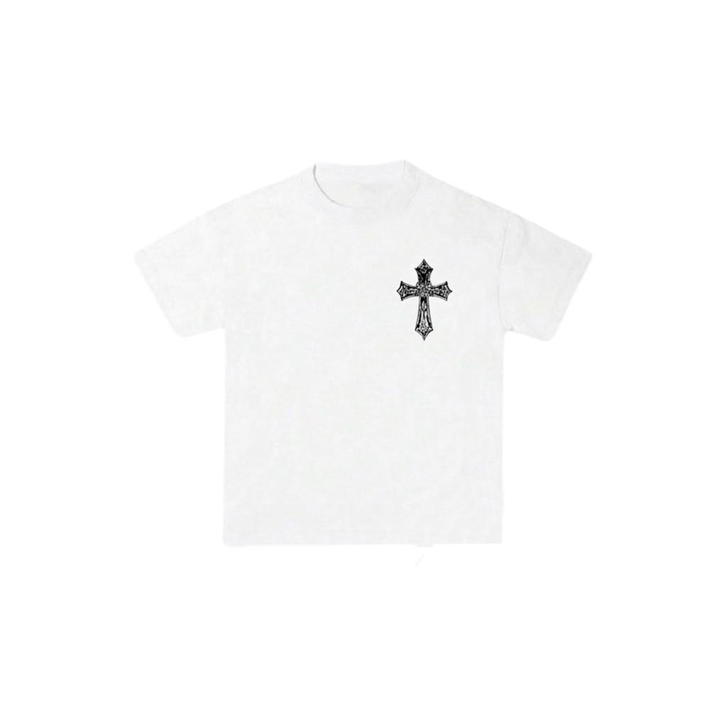 Men's Minimalist Gothic Cross Graphic Tee, Small Chest Print Casual Streetwear T-Shirt