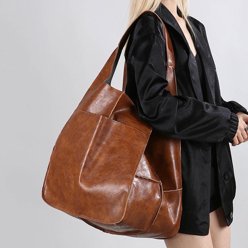 Retro Super Big Shoulder Bag Female Solid Color Hand Bags For Women Soft Leather Casual Shopper Underarm Tote Bag