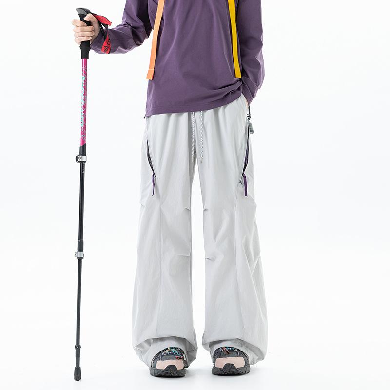 Unisex Drawstring Wide Leg Cargo Pants Solid Color Casual Loose Fit Trousers