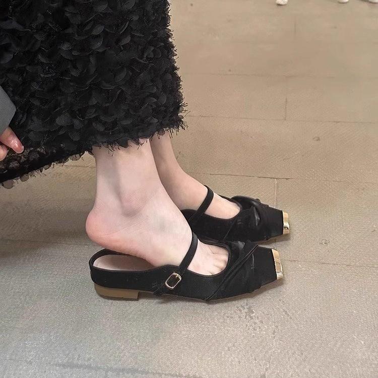 

Металлические квадратные носки на плоском каблуке, полушлепанцы с закрытой пяткой, женские, весна-лето 2025, новые, на мягкой подошве, обувь Мэри Джейн, туфли 35 чёрный