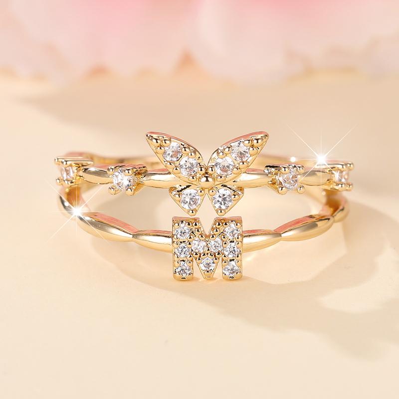 Double Layer Zircon Butterfly 26 Letters Open Rings for Women Gold Color Adjustable Ring Finger Jewelry Wedding Gift