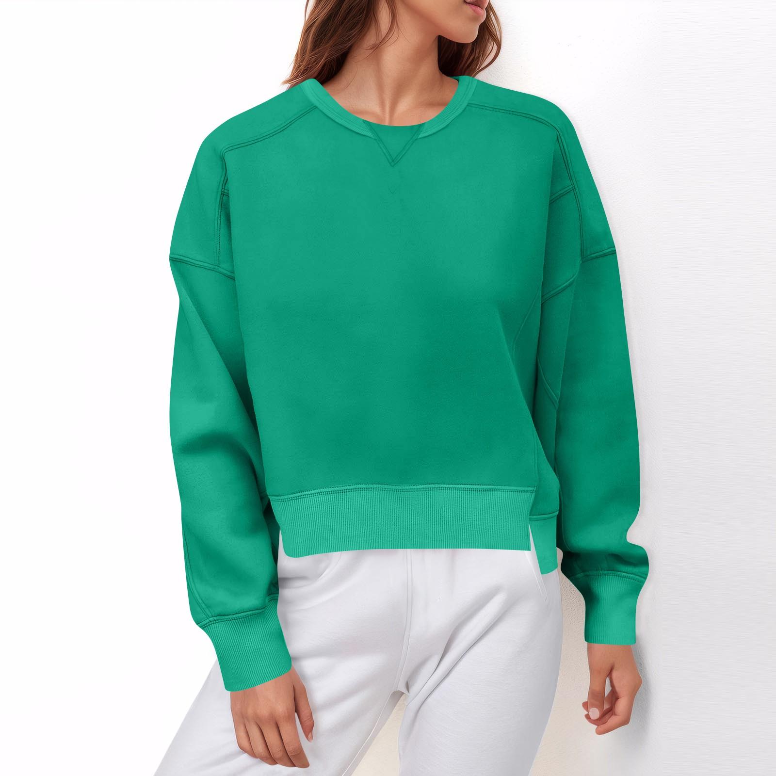 

Autumn Women s Long-sleeved Tops T-shirts Round Neck Solid Color Fashion Women s Sweatshirt M зелений