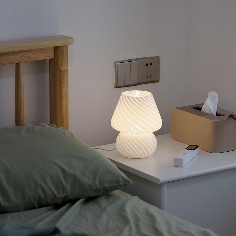 American Medieval Vintage Striped Glass Mushroom Table Lamp with USB - Retro Bedside Night Light