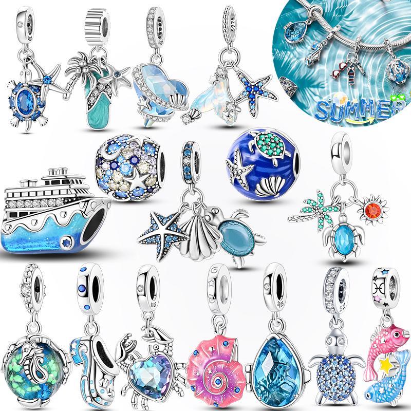 New Summer Copper Charms Beads Pendants Ocean Turtle Beach Fruit Shell Blue Charm Diy Women Bracelet Jewelry Gift