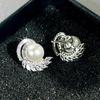 White Pearl Shiny Zirconia Wing Stud Earrings for Women Wedding Accessories for Engagement Elegant  Sterling Silver