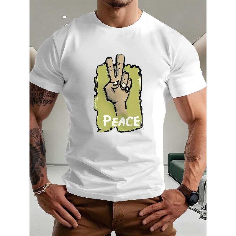 

Men S Casual Short-Sleeve T-Shirt Featuring a Peace Sign Design, Summer Round Neck Sleeve Top for Men, Stylish And Versatile Trendy Shirt Suitable S белый