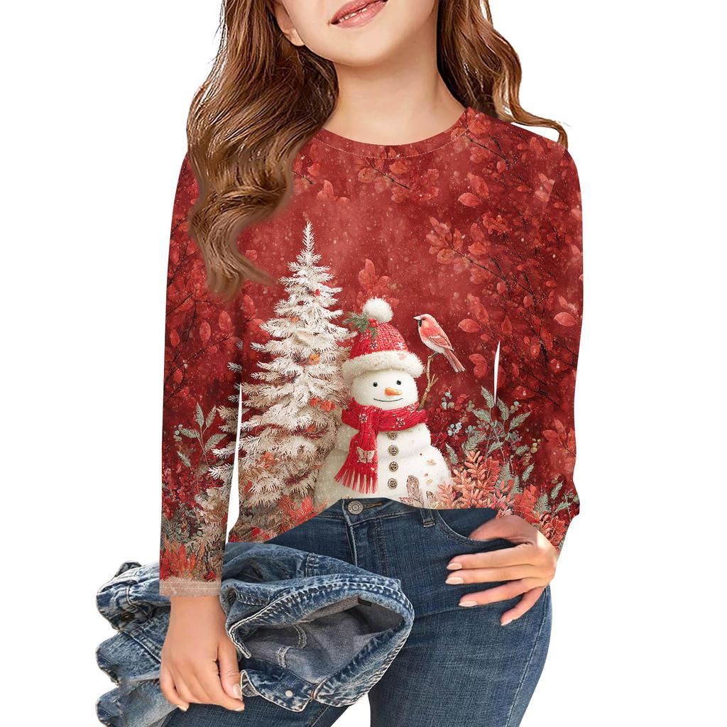 Christmas Day Girls Long Sleeve T Shirts Kids Fall Tops Crewneck Printed Basic Tees