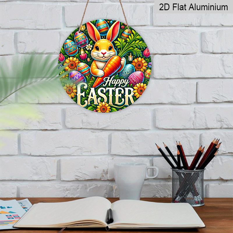 2D Flat 1pc Vintage Easter Bunny Metal Sign, Round Aluminium Door Mount Decor, 8x8 in, Farmhouse Style Wall Art for Home, Room, Street, Shop, Garage