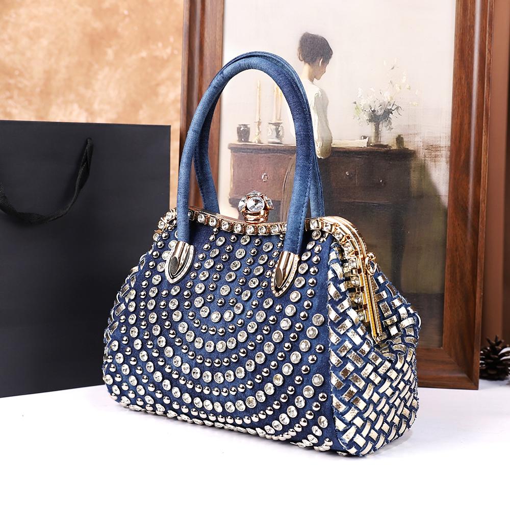New Women'S Fashion Washed Denim Tote Bag, Large-Capacity Elegant Diamond-Encrusted Single-Shoulder Crossbody Bag