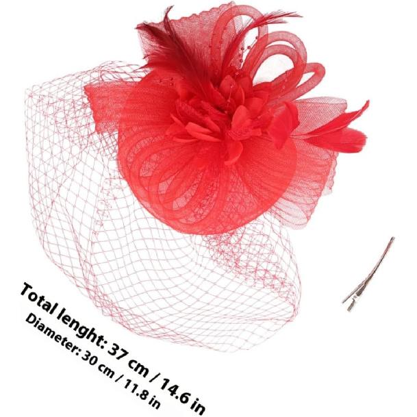 LIOOBO Fascinator Hat Headband with Mesh Plume Flower Detail Red Cocktail Tea Party Wedding Hat for Women and Special Occasion Accessories