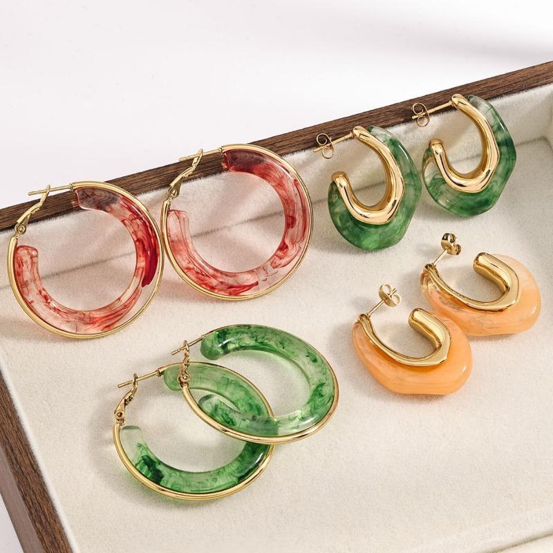 Exaggerated Gradient Vintage Irregular C Shaped Resin Hoop Earrings For Women