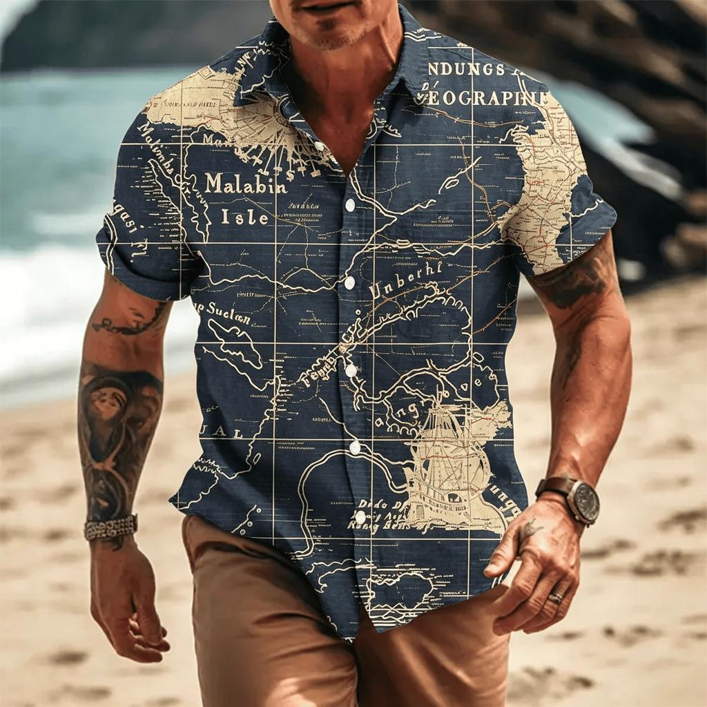 Koszula z krótkim rękawem i nadrukiem mapy pirackiej, Vintage Casual Essential