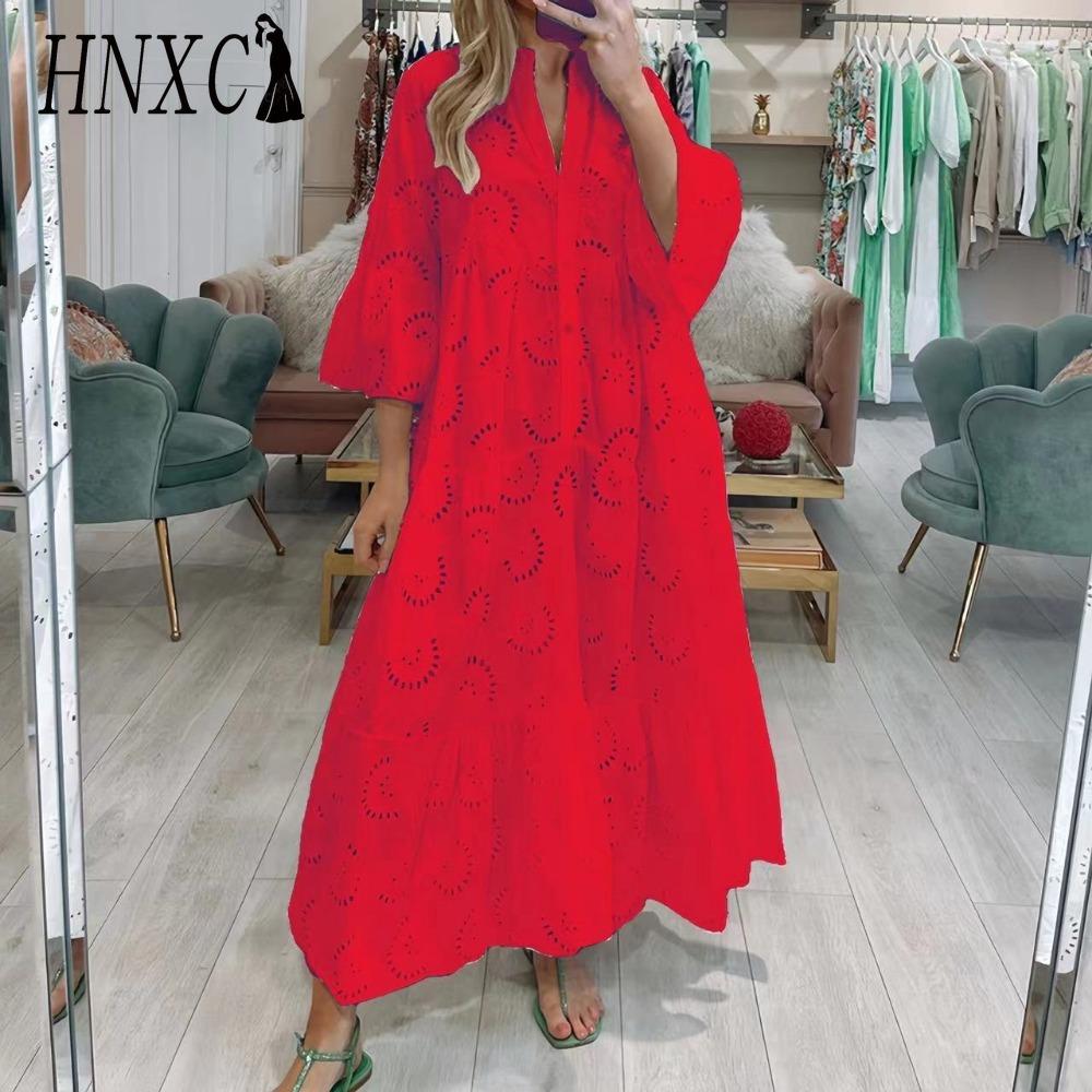

HNXC 8 цветов S-5XL Женская мода Лето Весна Однотонный принт Рукав 3/4 V-образный вырез Повседневные платья XXXXXL красный