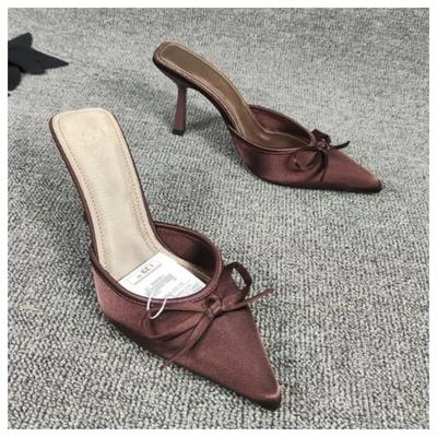 New Bow High Heels Slippers Women Pointed Toe Mules Shoes Sexy Summer Dress Party Stilettos Sandals Woman Slides Trend Pumps