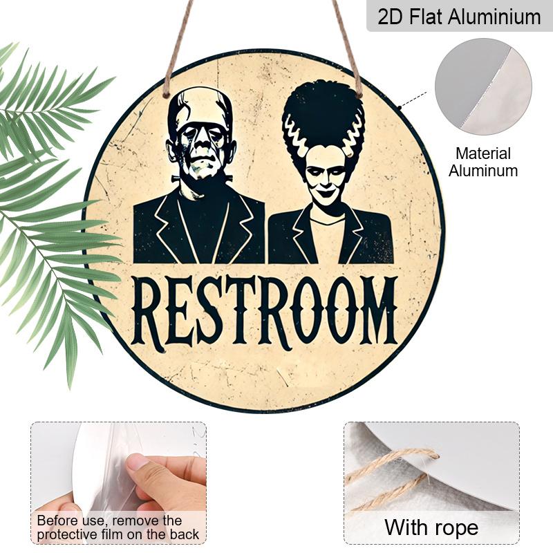 2D Flat, 1pc Frankenstein's Monster RESTROOM Metal Wall Sign - 7.87inch Round Bathroom Decor with Pre-Drilled Holes, Vintage Humorous Design for