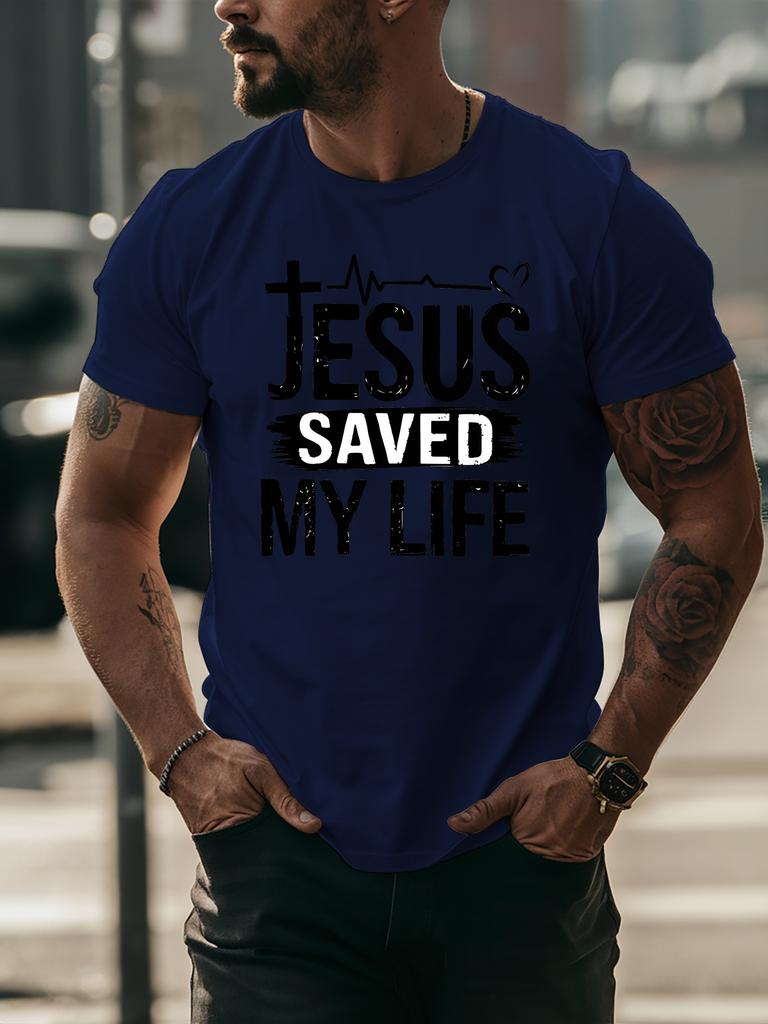 Unisex Cream Tee Jesus Saved My Life Faith Religious Text Graphic Print Crew Neck Short Sleeve Summer Casual Male Cotton Street Top