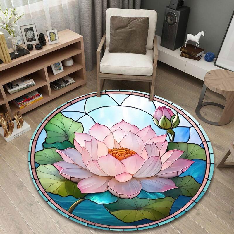 Chic Round Christmas Multicolor Rug Mat, Non-Slip Floor Mat for Office
