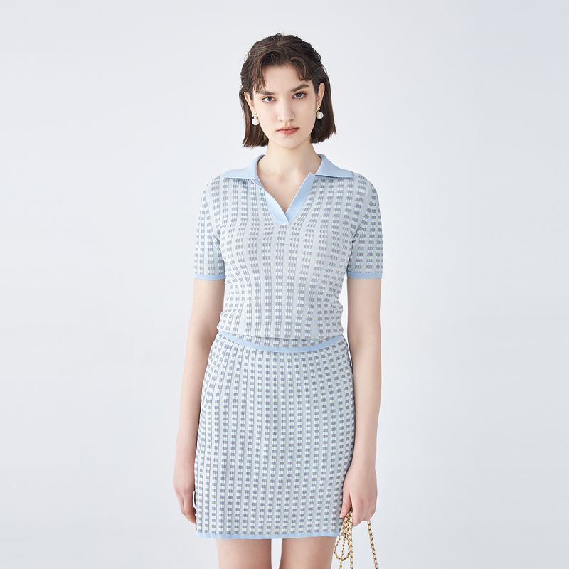 

Obeg Summer Sunken Stripe Craft Work Clothing Short Sleeve Sweater Baby Blue 155/XS/34