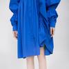 Johnature Fashion Streetwear Blue Pleated Loose Irregular Dresses Women Autumn O-neck Solid Color Dress