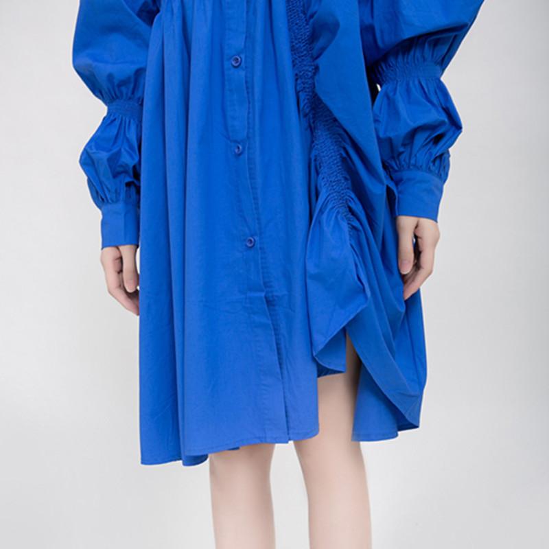 Johnature Fashion Streetwear Blue Pleated Loose Irregular Dresses Women Autumn O-neck Solid Color Dress