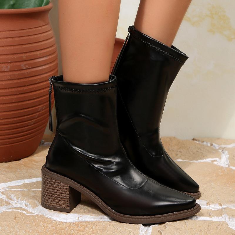 Women's Pointed Toe Chunky Heel Ankle Boots, Slim Fit French Style High Heels, Plus Size Fall Winter Shoes