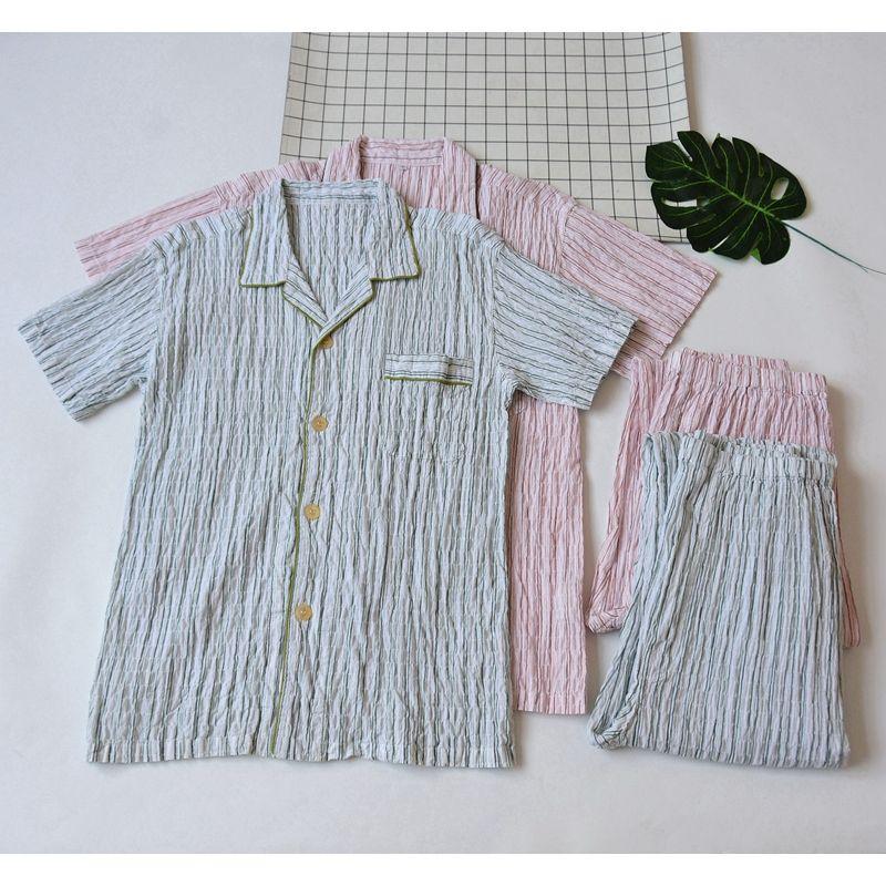 Export Men Summer Pure Cotton Wrinkle Cotton Short Sleeve Pants Pajamas Thin Suit Breathable Home Clothing Air Conditioning Clothes