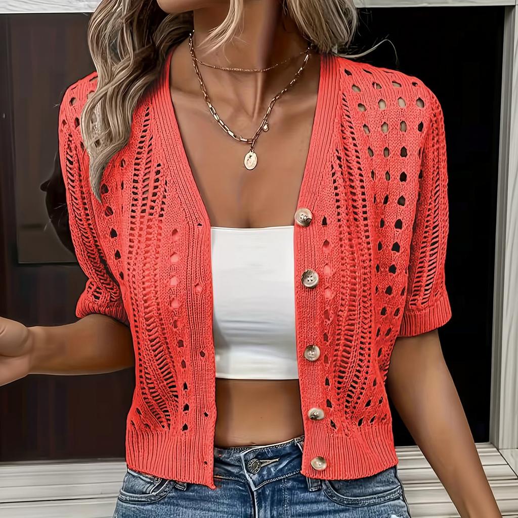 Damen Strick Offene Vorderseite Strand Überwurf - Kurzarm Cropped Cardigan für Sommer Strandurlaube