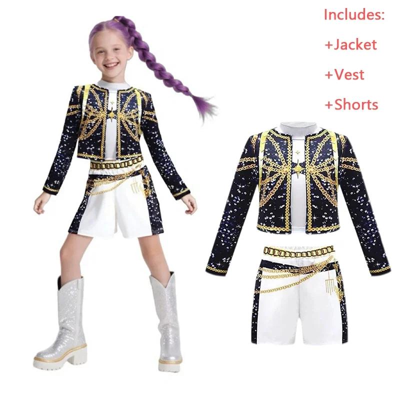 Kids K-Pop Demon Hunters Mira Rumi Zoey Cosplay Costume Set Girls Uniform Halloween Party Stage 3D Printed Dress Up Suits