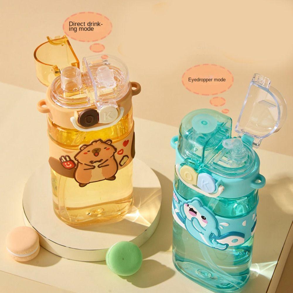 With Straw Cartoon Plastic Water Bottle BPA Free Cute Drinking Bottle  Kids Student