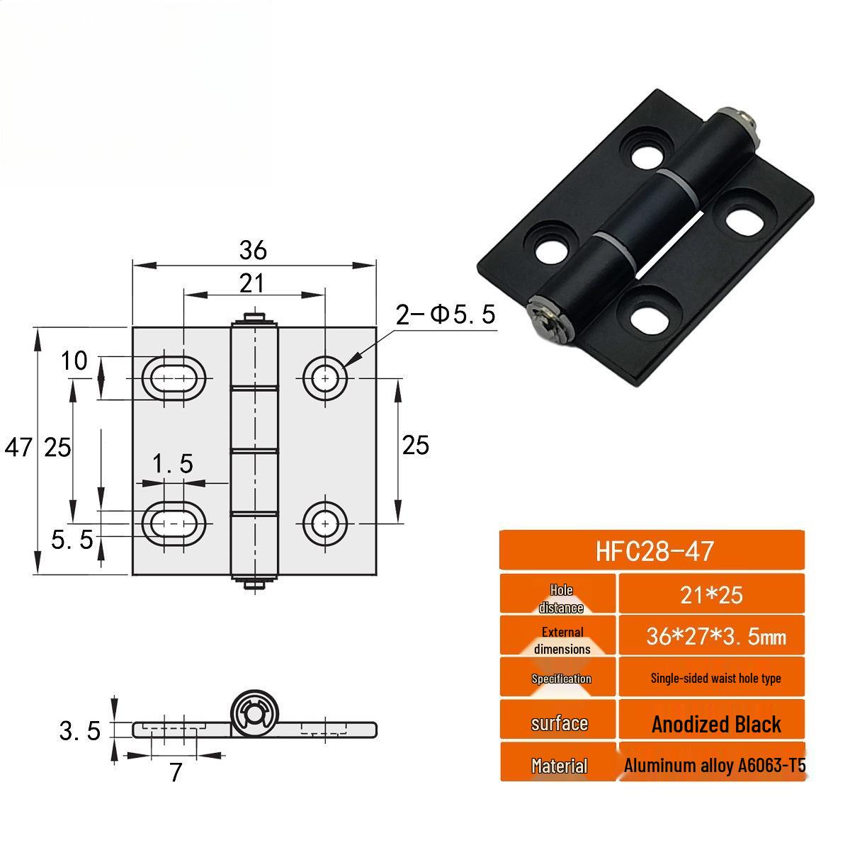Aluminum Alloy Industrial Hinge with Countersunk Horizontal Waist Hole - Model AKQ01-G-Y-6247/6263 HFC28-47
