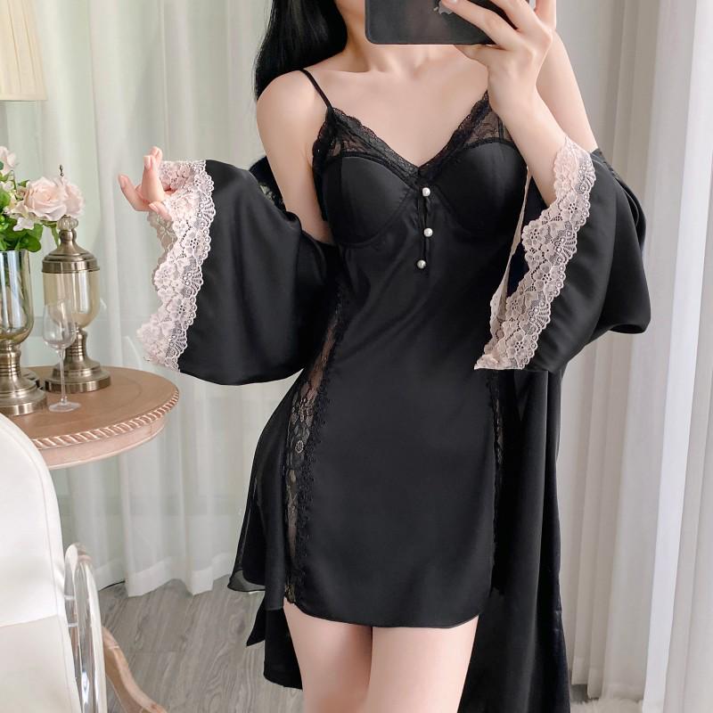 French-Style Ice Silk Lace Nightgown Set: Rich Girl Spring/Summer Two-Piece Camisole Dress with Chest Pads for Home Wear