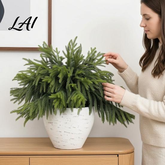 Decorative Plants for Mantels And Tables 17.7" Lifelike Touch Artificial Norfolk Pine Branches Vase Christmas Faux Stems Fake Indoor Botanical