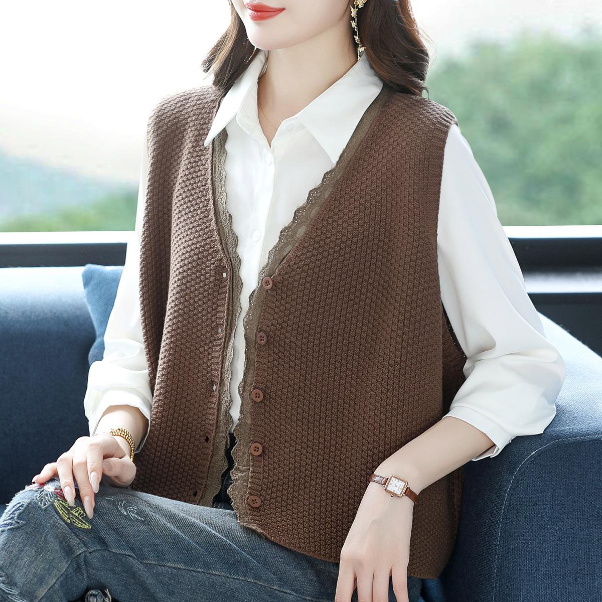 

В язаний жилет з V-подібним вирізом та мереживною обробкою - Жіночий модний кардиган без рукавів для мам середнього віку на весну/осінь M