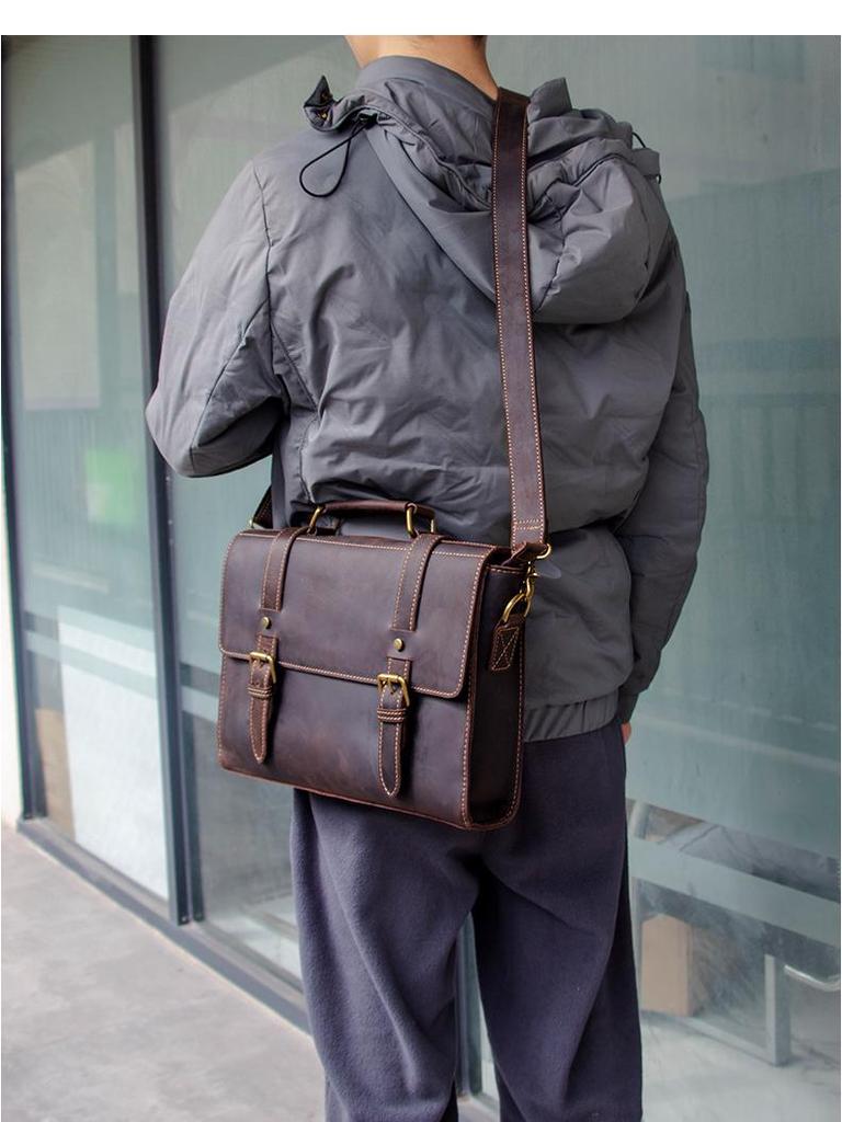 Genuine Crazy Horse Leather Men's Briefcase and Crossbody Bag