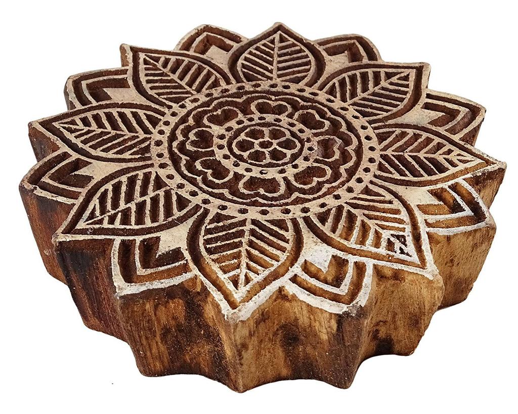 Indian Wood Stamps Decorative Blocks Brown Floral Handcarved Stamp