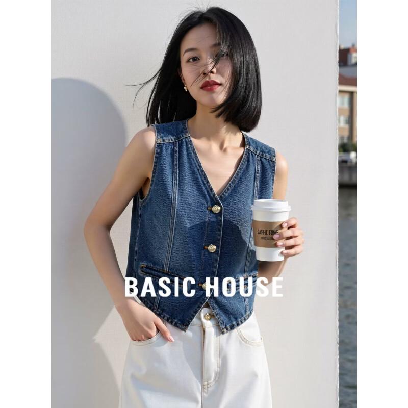 Basic House Women s Vintage Distressed V-Neck Blue Denim Vest S